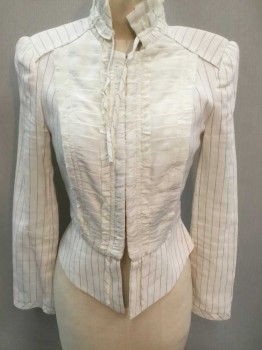 N/L, White, Charcoal Gray, Cotton, Polyester, Stripes - Pin, Solid, White with Charcoal Pinstripes, Long Sleeves, Solid White Cotton Batiste Panel At Center Front, with Horizontal Pleats, Hook & Eye Closures, and Stand Collar with Pleated Ruffles, 6 White and Bronze Ornate Buttons At Cuffs, Is A Zara Blazer But Label Covered with Barcode
