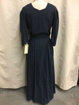Womens, Dress 1890s-1910s, NO LABEL, Navy Blue, Blue, Cotton, Floral, 27, 34, Half Length Sleeve, Button Front Placket, Clasp Closure At Waist, Hem Below Knee, Rouching At Shoulders,