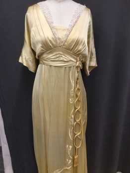 Womens, Evening Dress 1890s-1910s, MTO, Butter Yellow, Silk, Cotton, Solid, Floral, W24, B30, Made To Order, Butter Yellow Silk Charmeuse, Silk Hand Floral Embroidery On Short Sleeve/Skirt Short Sleeves, V-neck With Modesty Panel, Front/Train, Braided Rope Trim In Figure 8 On Left Side From Rosette At Waist, Pleated Cummerbund, Ivory Cotton Lace Collar, Long Train with Embroidery, Hook and Eyes Center Back, As Well As Hooks and Thread Loops Center Back,