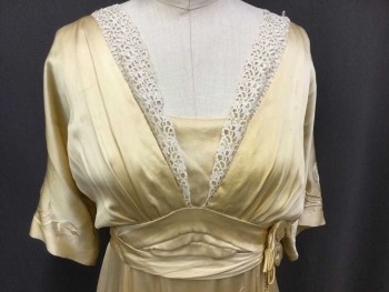 Womens, Evening Dress 1890s-1910s, MTO, Butter Yellow, Silk, Cotton, Solid, Floral, W24, B30, Made To Order, Butter Yellow Silk Charmeuse, Silk Hand Floral Embroidery On Short Sleeve/Skirt Short Sleeves, V-neck With Modesty Panel, Front/Train, Braided Rope Trim In Figure 8 On Left Side From Rosette At Waist, Pleated Cummerbund, Ivory Cotton Lace Collar, Long Train with Embroidery, Hook and Eyes Center Back, As Well As Hooks and Thread Loops Center Back,