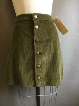 AMERICAN APPAREL, Olive Green, Cotton, Solid, Button Front, A-line, Wide Wale Corduroy