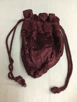 Womens, Purse 1890s-1910s, N/L, Red Burgundy, Silk, Solid, Drawstring Bag, Wrinkled Silk, Ribbon Trim, Rope Drawstring,
