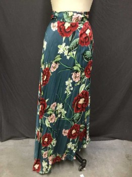 TYSA, Teal Blue, Red, Gray, Pink, White, Rayon, Hawaiian Print, Floor Length, Wrap Skirt