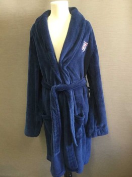Childrens, Robe, CHEROKEE, Navy Blue, Silver, Maroon Red, Polyester, Solid, L, Soft Terry/Fleece, Shield Logo with Dragon On Chest, Shawl Collar, 2 Pockets, Self Belt Attached at Waist