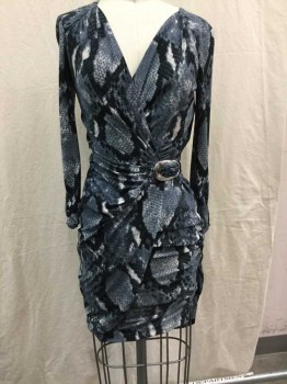 CACHE, Steel Blue, Black, White, Polyester, Spandex, Abstract , Reptile/Snakeskin, Silver Buckle Tie, Tabbed Cuff, Gather At Sleeves, Hem Below Knee,