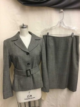 Womens, Suit, Jacket, KASPER, Brown, White, Wool, Houndstooth, B 36, 8P, Single Breasted, Welt Pockets, 3 Button, Long Sleeves, Matching Belt, Micro Houndstooth