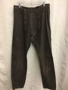 N/L, Brown, Cotton, Solid, Denim Like Material, Fall Front, Long Belt Loops, Some Dirt/Wear/Aging Throughout