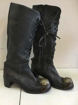 Womens, Sci-Fi/Fantasy Boots , No LABEL , Black, Bronze Metallic, Leather, M7, W9, Texture, Lace Up, Side Zipper, Gold Circle Detail W/leather Straps, Stacked Heel