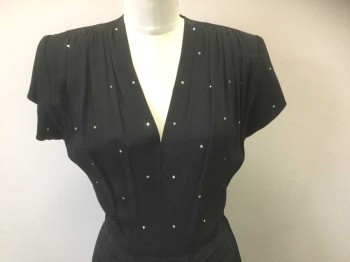 Womens, Evening Gown, DUBARRY, Black, Silk, Rhinestones, Solid, Dots, W:28, B:38, Crepe with Silver Rhinestones Scattered Throughout, Cap Sleeves, Padded Shoulders with Smocked Gathers at Shoulder Seams, V-neck, Waist Has Vertical Pleats at Center with Starburst Gathers at Either Side, Floor Length Hem, *Has Some Small Holes in Back