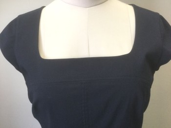 TORY BURCH, Navy Blue, Cotton, Polyester, Solid, Solid Navy, Cap Sleeve, Low Square Neck, Pencil Fit, 2 Side Pockets, Various Panels/Seams Throughout, Invisible Zipper at Center Back