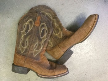 Mens, Cowboy Boots , ARIAT, Brown, Tan Brown, Green, White, Leather, Reptile/Snakeskin, 9.5, Brown "Alligator" Skin Texture Leather, Brown/Tan/Green/White Western Embroidery at Ankle, Square Toe, 1.5" Heel