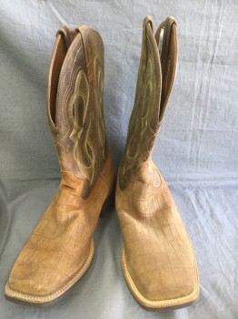 Mens, Cowboy Boots , ARIAT, Brown, Tan Brown, Green, White, Leather, Reptile/Snakeskin, 9.5, Brown "Alligator" Skin Texture Leather, Brown/Tan/Green/White Western Embroidery at Ankle, Square Toe, 1.5" Heel
