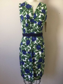 MILLY, Green, White, Royal Blue, Moss Green, Silk, Floral, V-neck, Zip Back, Sleeveless, Fitted with Nice Draping, Navy Cotton Binding Applique Waistband,
