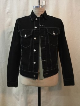SANDRO, Black, Cotton, Solid, Black, White Stitching, Button Front, Collar Attached, 4 Pockets,