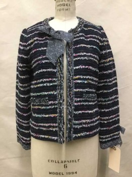 JCREW, Navy Blue, Multi-color, Cotton, Synthetic, Stripes, Blue with Multi Color Fringe Stripes, Navy/white Ribbon Trim with Bow Detail