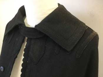 Womens, Cape 1890s-1910s, MTO, Black, Wool, Solid, O/S, Rounded Collar Attached, Hook & Eye Neck, Raw Hem with Multiple Seam at Collar/Placket, Scallopped Under Placket, 1 Detachable Button Closure at Neck, Self Appliqué Horizontal Stripes Near Hem, Self Appliqué Vertical Shoulder Stripes, Hole in Right Shoulder, Burn Throughout Top