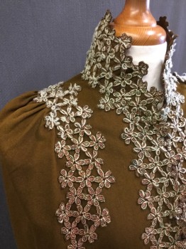 Womens, Cape 1890s-1910s, N/L, Brown, White, Red, Green, Wool, Solid, Floral, OS, Stand Collar, Hook & Eyes Close Front, Floral Applique, Back Slit