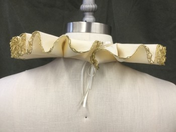 Unisex, Historical Fiction Ruff/Collar, LAUREN ROSSI, Ivory White, Gold, Polyester, Solid, 15+, Ribbed Ribbon Ivory with Gold Lace Trim, Tie Center Back with 1 Clear Snap
