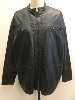BACK COUNTRY, Black, Faux Leather, Solid, Zip Front, Stand Collar, Hole Punch Texture at Shoulders, 4 Zip Pockets, Black Lining