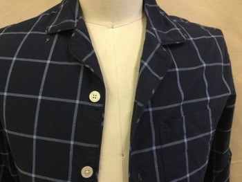 GOODFELLOWS, Navy Blue, Lt Blue, Cotton, Plaid-  Windowpane, Top:  Navy with Light Blue Window Pane, Collar Attached, Button Front, 1 Pocket, Long Sleeves, with Matching Pants