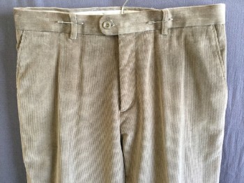 LINEAR  NATURALE, Lt Brown, Cotton, Spandex, Solid, Corduroy, 1.5" Waist Band with Belt Hoops, Zip Front, Flat Front, 4 Pockets