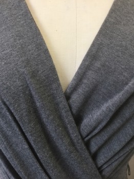 CALVIN KLEIN, Gray, Rayon, Spandex, Solid, Jersey, Almost Cap Sleeves, Wrapped V-neck, Wrapped Look in Front, Knee Length **Barcode Behind Neckline