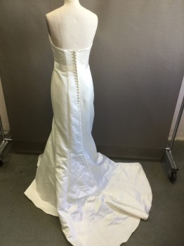 Womens, Wedding Gown, DAVID'S BRIDAL, White, Polyester, Nylon, Solid, 2, Strapless, Belt with Rhinestones, Center Back Zipper with Tiny Fabric Covered Buttons, Train, Fabric is Mimicking a Silk Duchess Satin