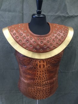 Mens, Historical Fict. Breastplate , MTO, Brown, Gold, Dk Brown, Polyurethane, Solid, Animal Print, 40, Faux Brown Crocodile Body with Jagged Edge Solid Brown Cutout Panels, Snaps Down Both Sides, Side Panels with Strips of Faux Crocodile Over Elastic, Solid Brown Faux Leather Collar with Brass Studs, Ribbed Gold Plastic Trim, Elastic Shoulders, Collar Attached with Button Loops and is Stitched On