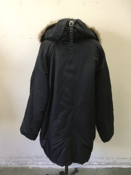 Womens, Coat, Winter, ROTHCO, Black, Polyester, Solid, M, Zip Front with Button Loop Placket, 4 Pockets, Raglan Long Sleeves, Drawstring Attached Hood with Faux Fur Brown Trim