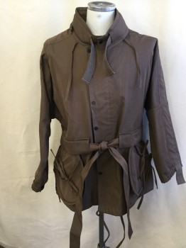 Mens, Jacket, FOX 28, Brown, Polyester, Cotton, Solid, 46, Collar Attached, Hidden Zip Front with Dark Brown Snaps, 2 Half Circle Pockets with Thin Ties, Long Sleeves with Elastic Cuffs, **Detachable Self Belt
