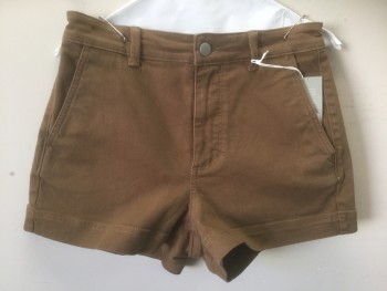 EVERLANE, Brown, Cotton, Elastane, Solid, Twill, High Waist, 3" Inseam, Zip Fly, 5 Pockets, Has a Double (FC055537)