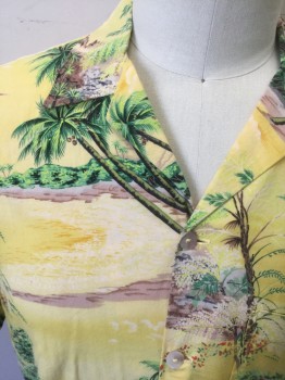 HALLELUJAH, Yellow, Green, Beige, Brown, Gray, Cotton, Tropical , Hawaiian Print, Yellow with Tropical Landscape Pattern with Palm Trees, Mountains, Tropical Foliage, Etc, Short Sleeve Button Front, Collar Attached, 1 Pocket, Has Multiples