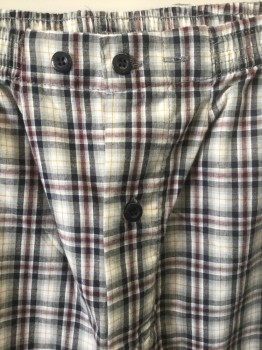 HANES, Gray, Black, Red Burgundy, Mustard Yellow, Cotton, Polyester, Plaid, Elastic Waist, Button Opening at Fly