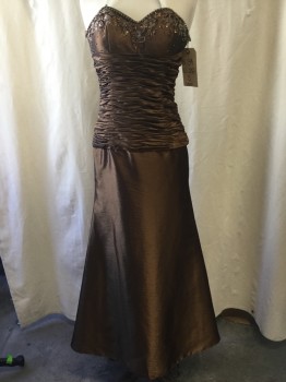 SALLY, Copper Metallic, Polyester, Solid, Strapless, Sweetheart Neckline with Floral Pattern Beading and Rhinestones, Ruched Bodice, Aline Skirt, Center Back Lace Up, Side Zipper, Floor Length Hem,
