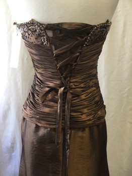 SALLY, Copper Metallic, Polyester, Solid, Strapless, Sweetheart Neckline with Floral Pattern Beading and Rhinestones, Ruched Bodice, Aline Skirt, Center Back Lace Up, Side Zipper, Floor Length Hem,