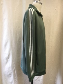 ADIDAS, Sage Green, White, Polyester, Elastane, Solid, Tracksuit, Long Sleeves, Full Zip Front Polo, 2 Pockets, Side Stripes *Triple*