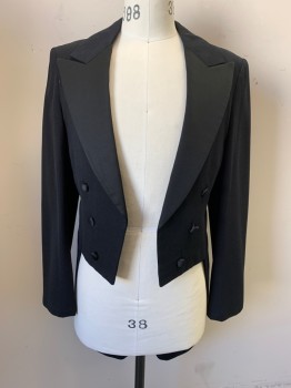 Mens, Tailcoat 1890s-1910s, FOX411, Black, Wool, 38L, Satin Peaked Lapel, Double Breasted, 6 Buttons, Fabric Covered Buttons, Open Front