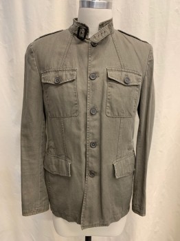 MASSIMO DUTTI, Olive Green, Cotton, Solid, Button Front, 4 Flap Pockets, Band Collar with Tab Buckle, Epaulets, Long Sleeves, Interior Drawstring Waist