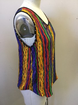 Womens, 1990s Vintage, Piece 2, PLATINUM, Multi-color, Rayon, B 34, P, Multicolor Wavy Stripe Tank Top with Black & White Polka Dot Trim