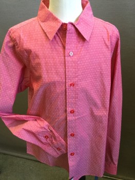 LA MIATURA , Salmon Pink, White, Cotton, Novelty Pattern, Dark Salmon, Collar Attached, Button Front, Long Sleeves, Curved Hem