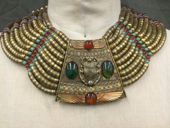 Unisex, Historical Fiction Jewelry, MTO, Gold, Turquoise Blue, Navy Blue, Blue, Wine Red, Metallic/Metal, Beaded, Egyptian Style Beaded Choker, Large Gold Medallion Front with Scarab/Wings/Stones, Clasp at Medallion
