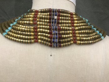 Unisex, Historical Fiction Jewelry, MTO, Gold, Turquoise Blue, Navy Blue, Blue, Wine Red, Metallic/Metal, Beaded, Egyptian Style Beaded Choker, Large Gold Medallion Front with Scarab/Wings/Stones, Clasp at Medallion