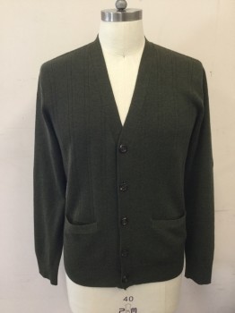 J. CREW, Olive Green, Wool, Heathered, Vertical Ribbed Knit, V-neck, Button Front, Long Sleeves, 2 Pockets, Ribbed Knit Cuff/Waistband