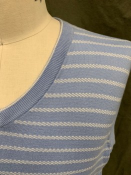 BROOKS BROTHERS, Lt Blue, White, Cotton, Stripes - Horizontal , V-neck, Pullover, Ribbed Knit V-neck/Armholes/Waistband