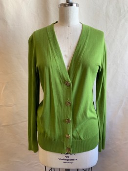 Womens, Sweater, TORY BURCH, Chartreuse Green, Cotton, Solid, XL, Large Gold Buttons, Long Sleeves, Ribbed Knit Cuff/Waistband