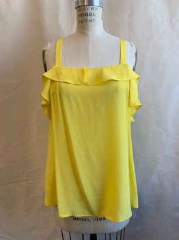 Womens, Top, JOIE, Yellow, Silk, Solid, M, 3/4" Straps, Square Neck, Ruffle Detail