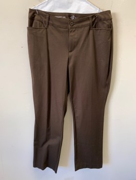 ST. JOHN'S BAY, Brown, Cotton, Spandex, Solid, Stretch Twill, Mid Rise, Straight Leg, 4 Pockets, Belt Loops