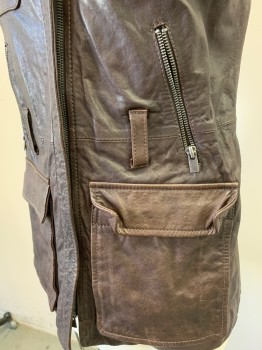 Womens, Leather Vest, THEORY, Chocolate Brown, Leather, Solid, S, Zip Front, Double Zipper, Neck Snap Closure, 6+ Pockets, Belt Loops