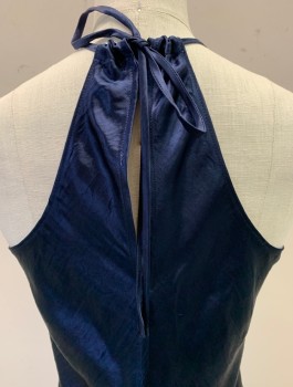 Womens, Cocktail Dress, BABATON, Navy Blue, Acetate, Solid, S, Satin Finish, Halter Neckline, Thin Straps, Ties at Back, Key Hole Back, Hem at Ankle