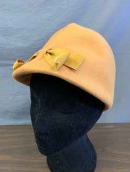 Womens, Hat, GLENOVER, Mustard Yellow, Wool, Solid, Felt, Cloche Style, Mustard Grosgrain Bow Interwoven Into Felt,